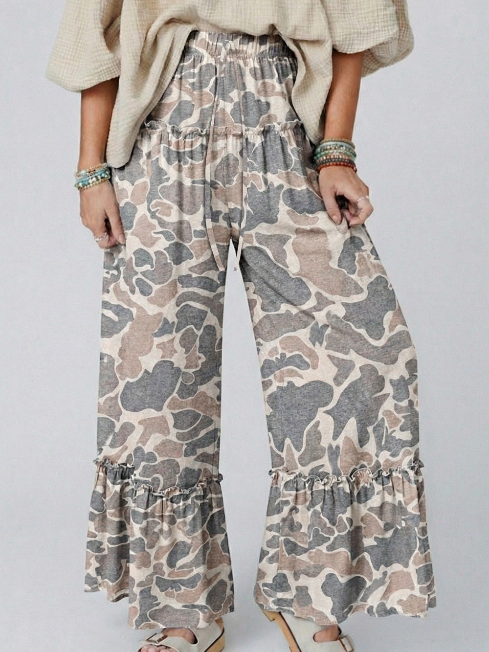 SYNZ Wide Leg Ruffle Hem Pants in Beige & Gray Camo Multiple Sizes